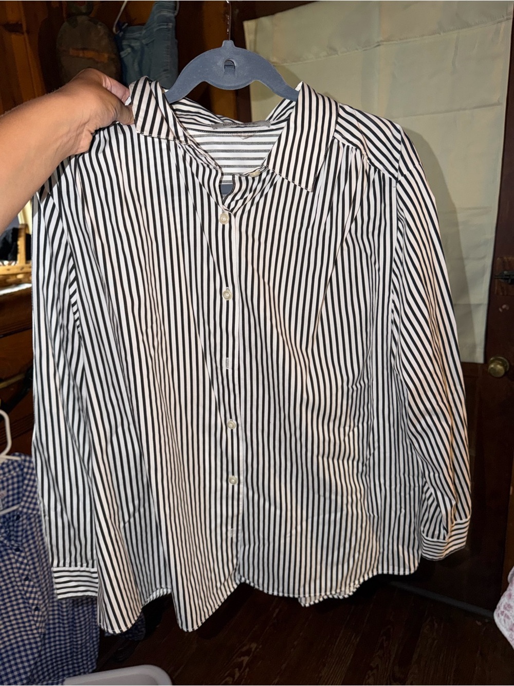 Roaman's Black & White Striped Casual Button-Down Shirt